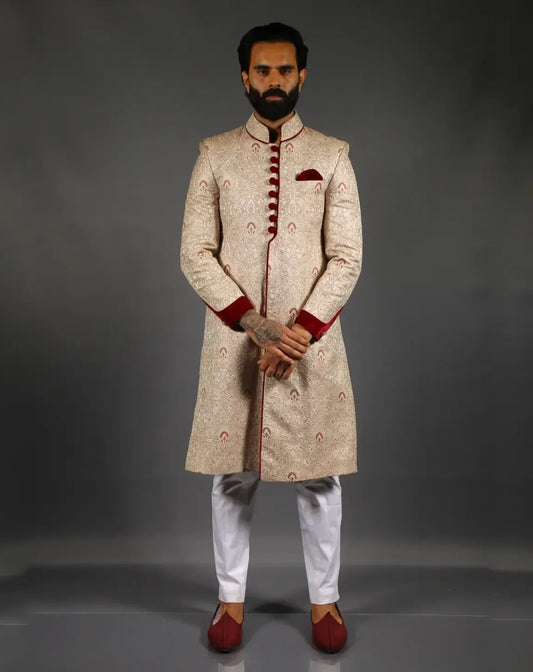 Cream & Maroon Brocade Sherwani Set