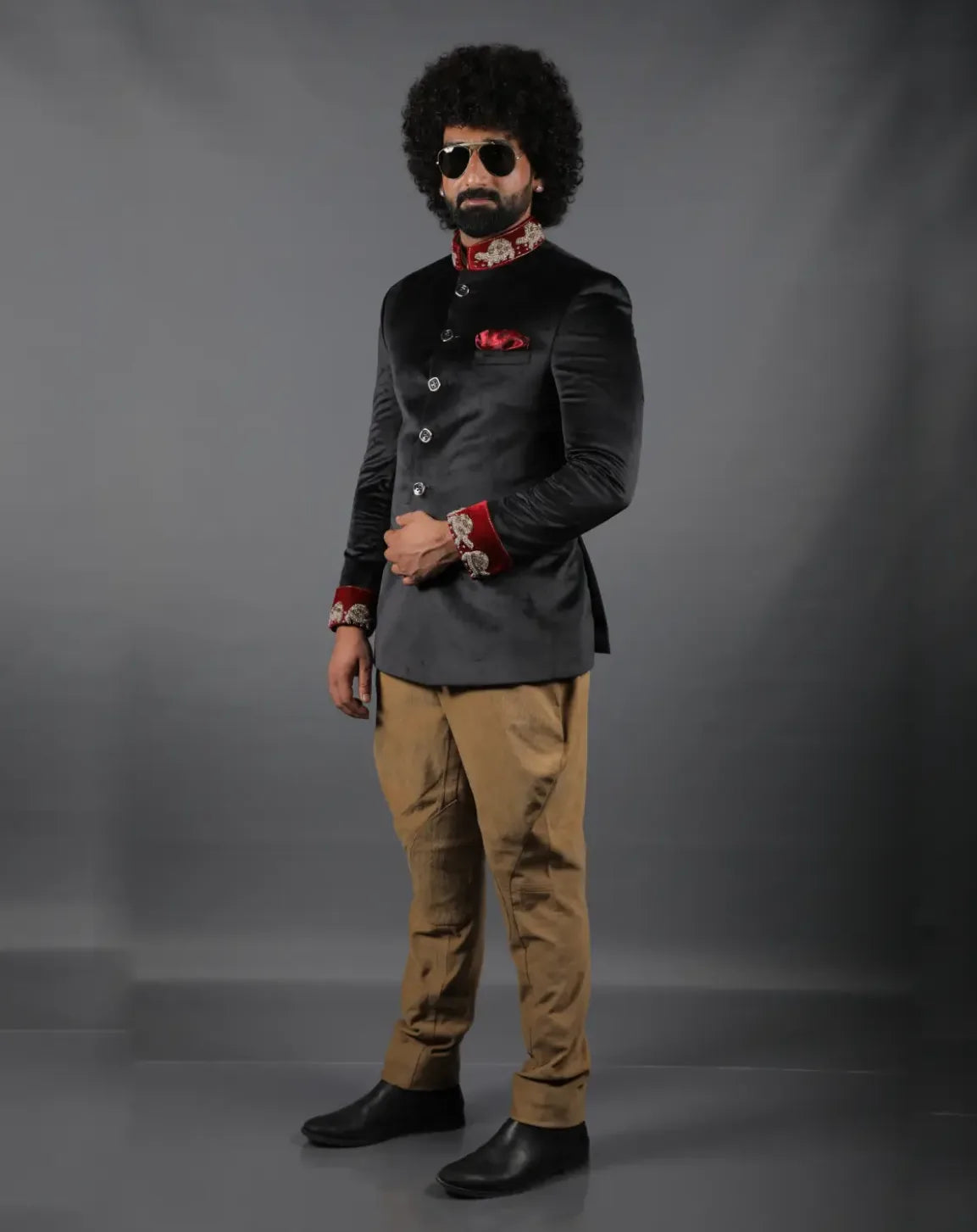 Black Velvet Embroidered Bandhgala Set