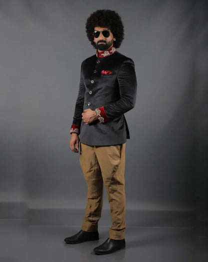 Black Velvet Embroidered Bandhgala Set