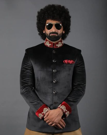 Black Velvet Embroidered Bandhgala Set