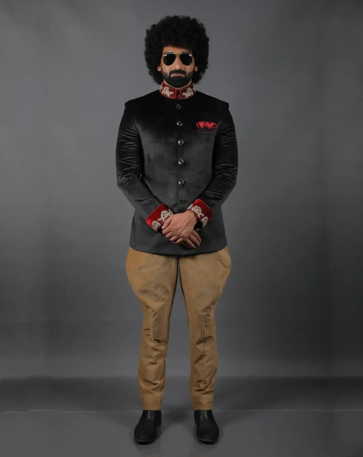 Black Velvet Embroidered Bandhgala Set