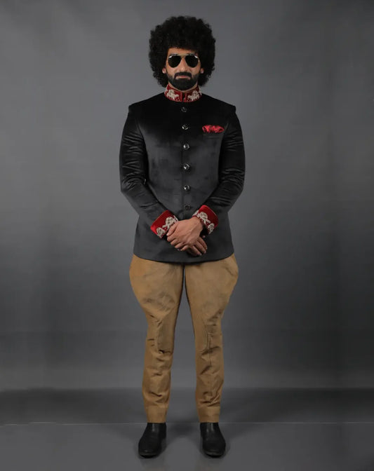 Black Velvet Embroidered Bandhgala Set