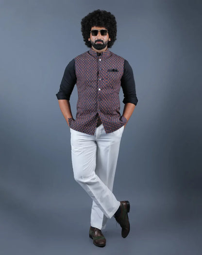 Dark Blue Floral Print Nehru Jacket