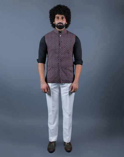 Dark Blue Floral Print Nehru Jacket