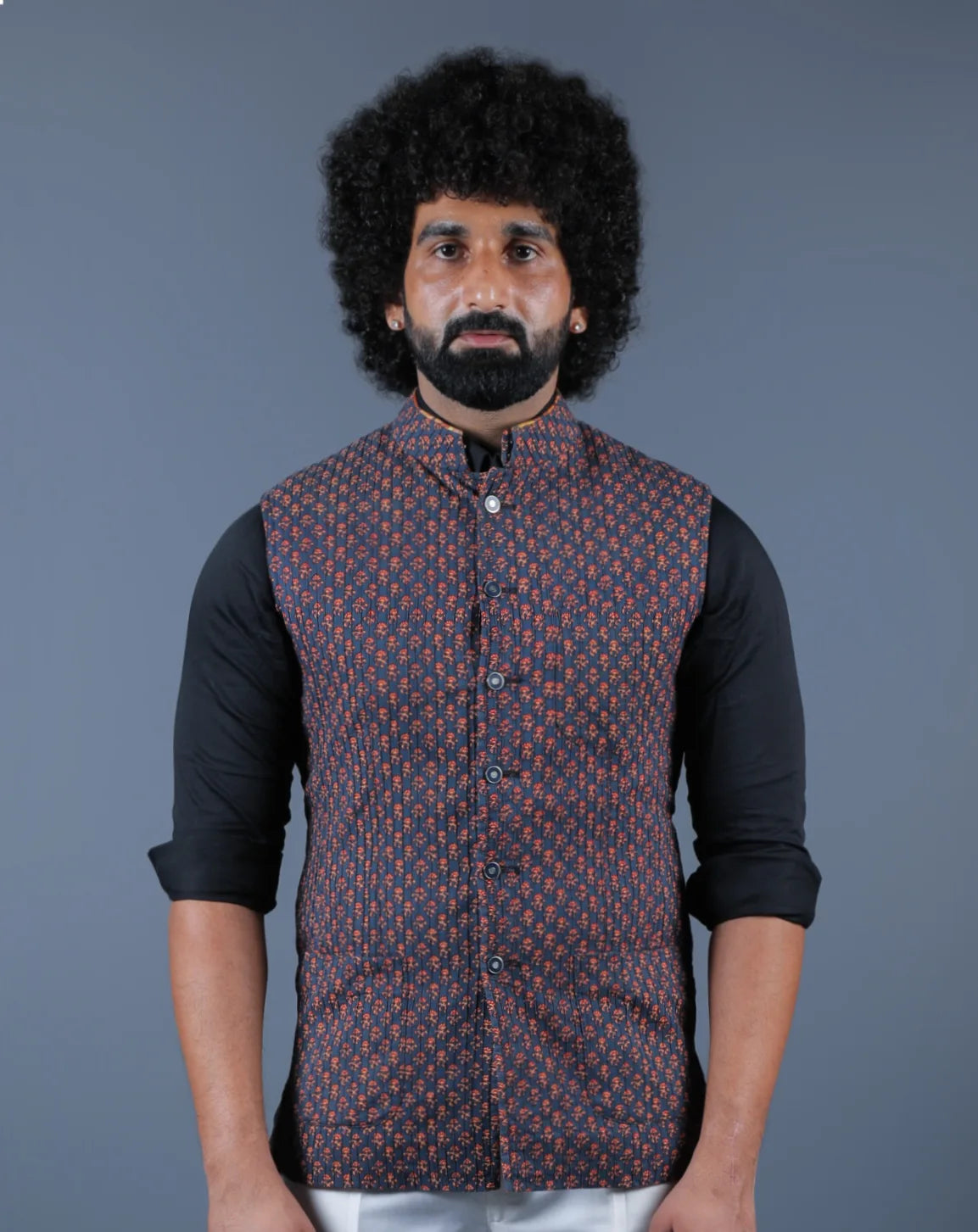Dark Blue Floral Print Nehru Jacket