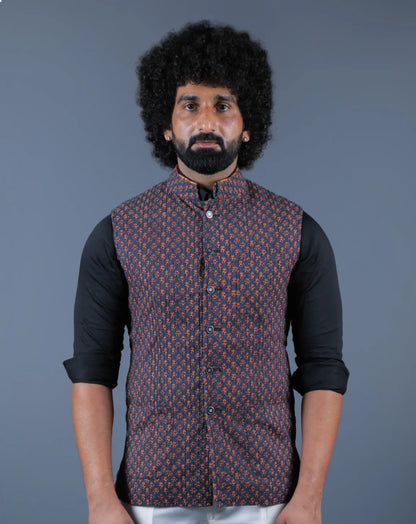 Dark Blue Floral Print Nehru Jacket