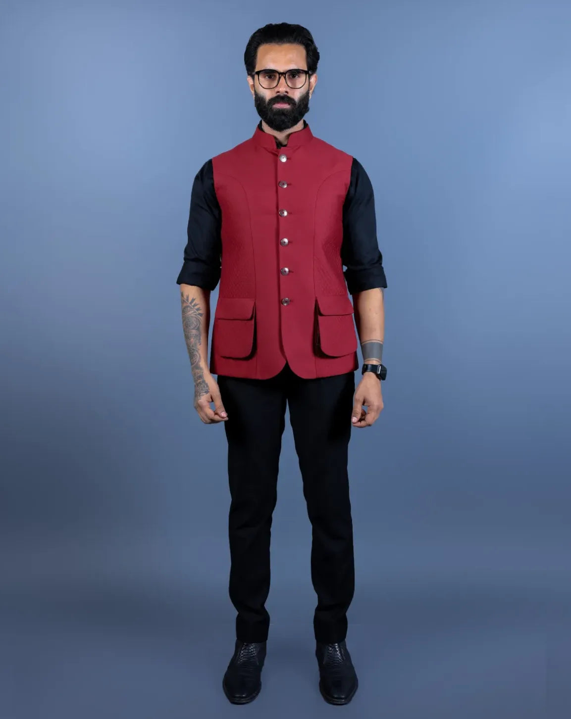 Maroon Textured Nehru Jacket