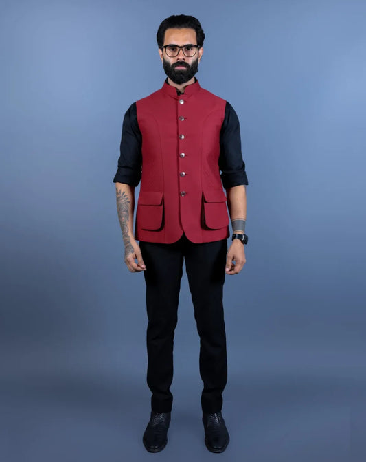Maroon Textured Nehru Jacket