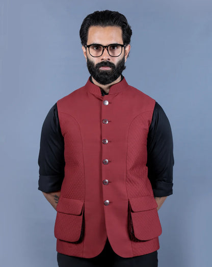 Maroon Textured Nehru Jacket