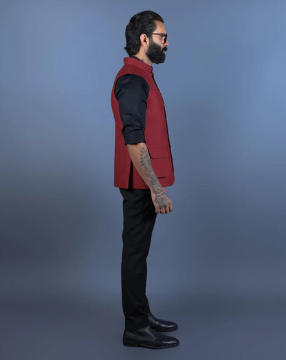 Maroon Textured Nehru Jacket