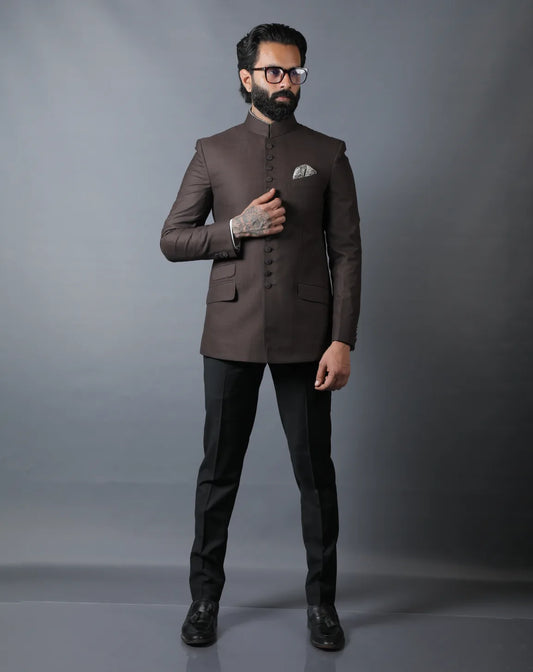 Dark Brown Terry wool Bandhgala Set