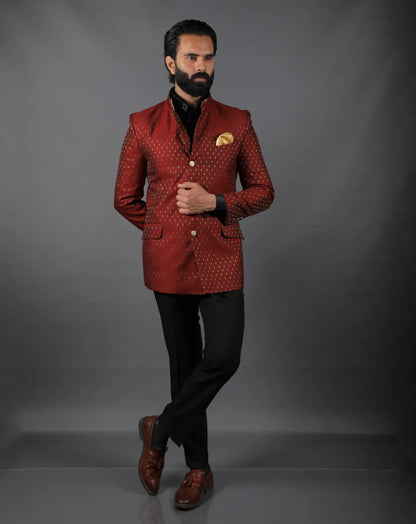 Deep Red Brocade Bandhgala