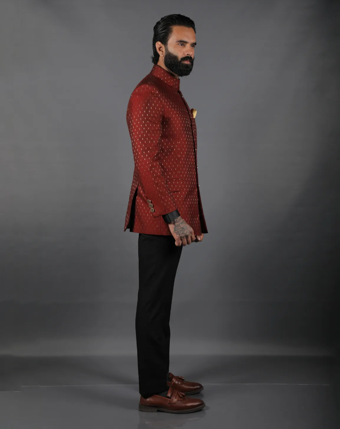 Deep Red Brocade Bandhgala
