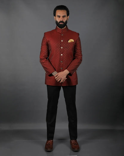 Deep Red Brocade Bandhgala
