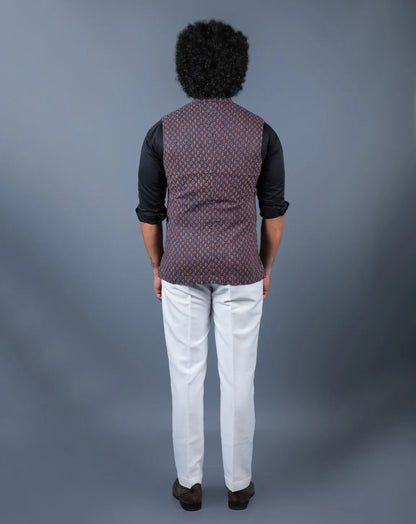 Dark Blue Floral Print Nehru Jacket