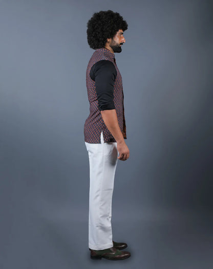 Dark Blue Floral Print Nehru Jacket