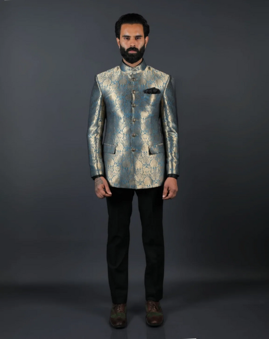 Blue & Gold Brocade Bandhgala Suit