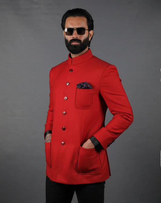 Red Bandhgala with Textured Pockets