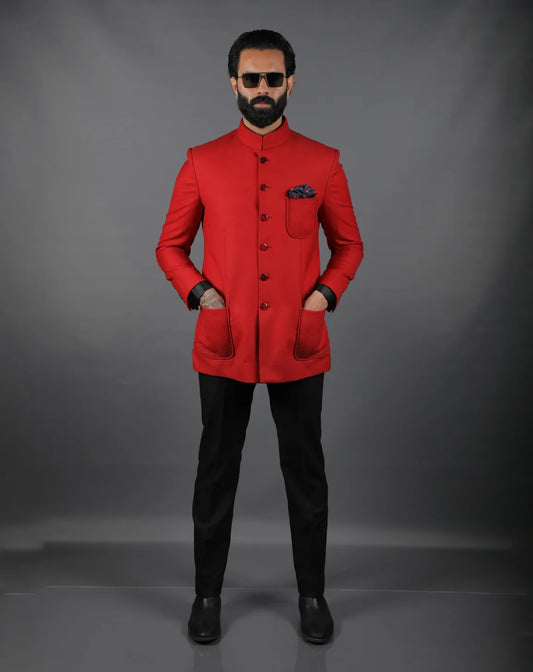 Red Bandhgala with Textured Pockets