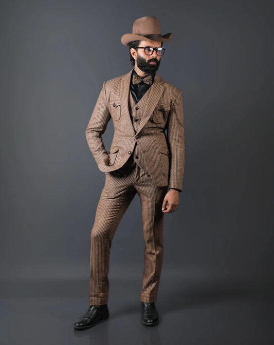 Brown Striped Woolen 3-Piece Suit