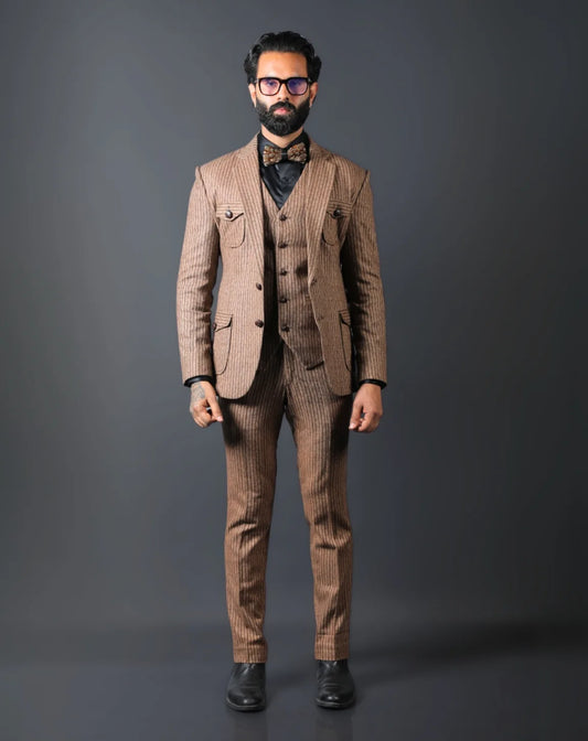 Brown Striped Woolen 3-Piece Suit