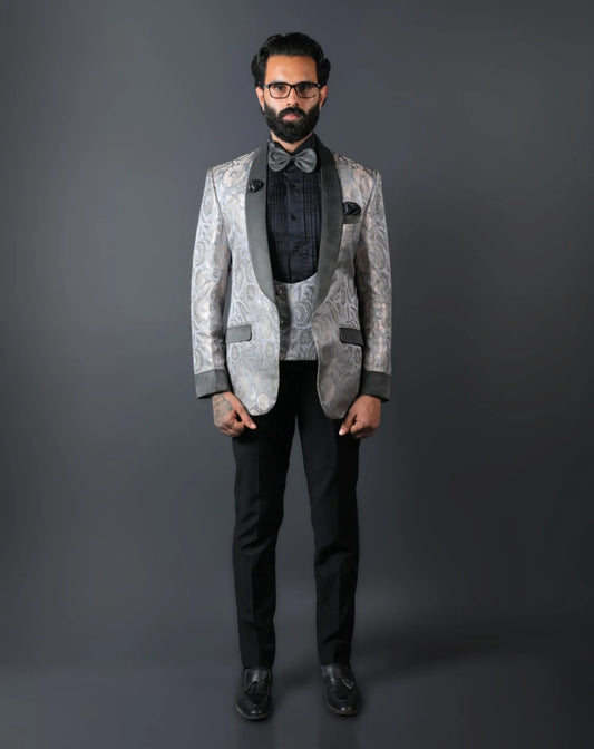 Silver Jacquard Floral Tuxedo Suit