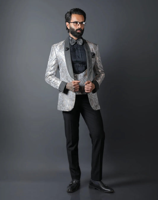 Silver Jacquard Floral Tuxedo Suit