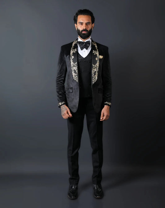 Black Velvet Embroidered Tuxedo Suit