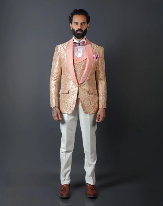 Peach Gold Brocade Tuxedo Suit
