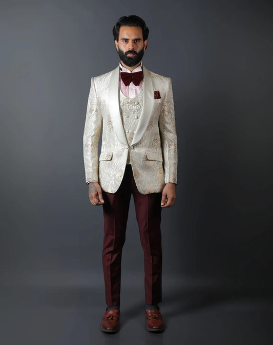 Cream Jacquard Tuxedo Suit