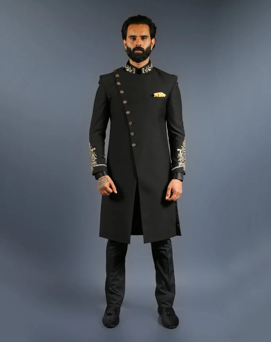 Black Asymmetric Indo-Western Sherwani