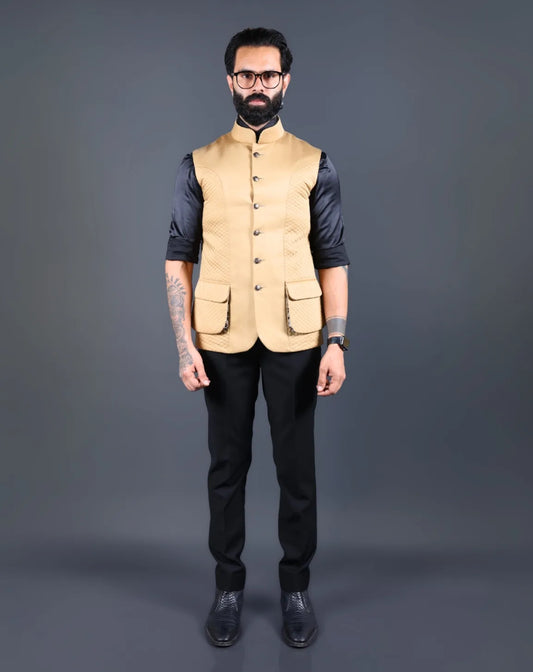 Beige Terry Wool Quilted Nehru Jacket