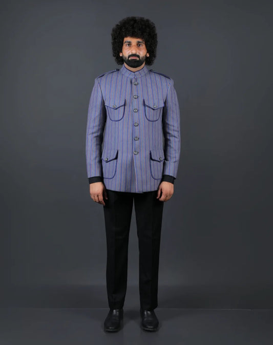 Blue Striped Wool Blend Hunting Coat