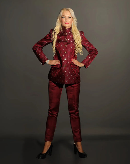 Red patterned Bandhgala Suit