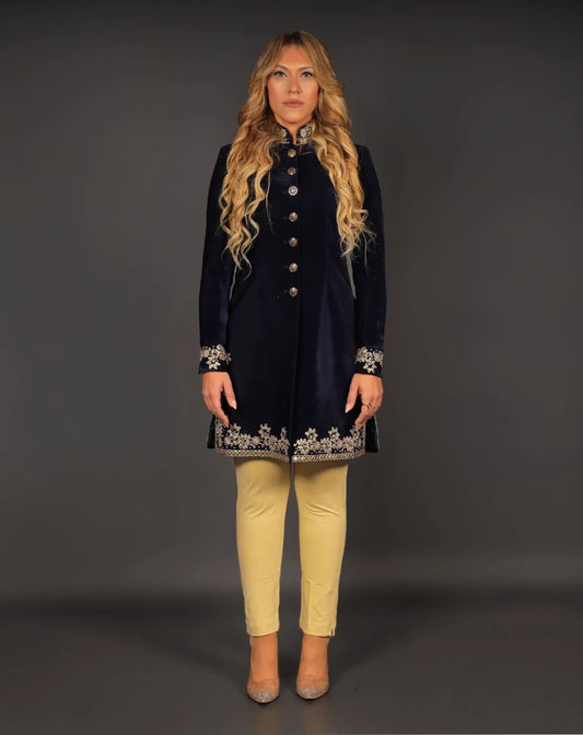 Navy Blue Velvet Embroidered Sherwani