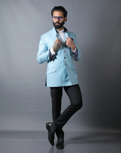Sky Blue Terry Wool Bandhgala Set