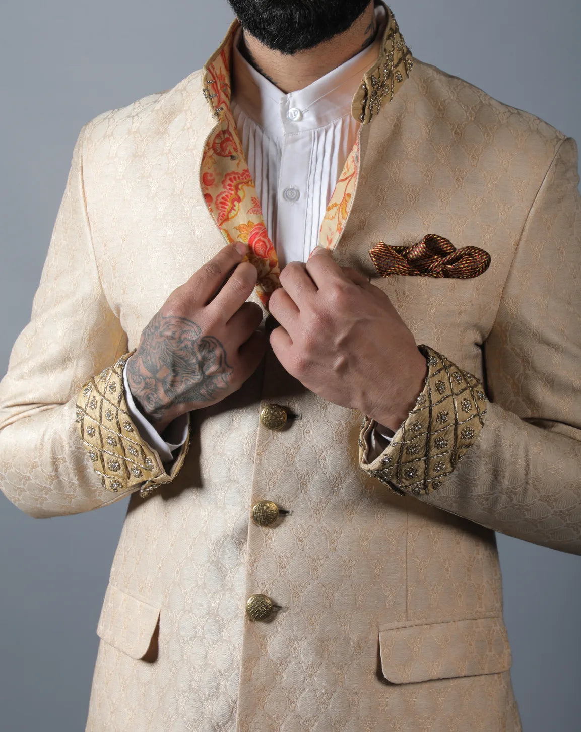Cream Jacquard Embroidered Bandhgala Set