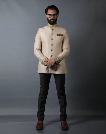 Cream Jacquard Embroidered Bandhgala Set