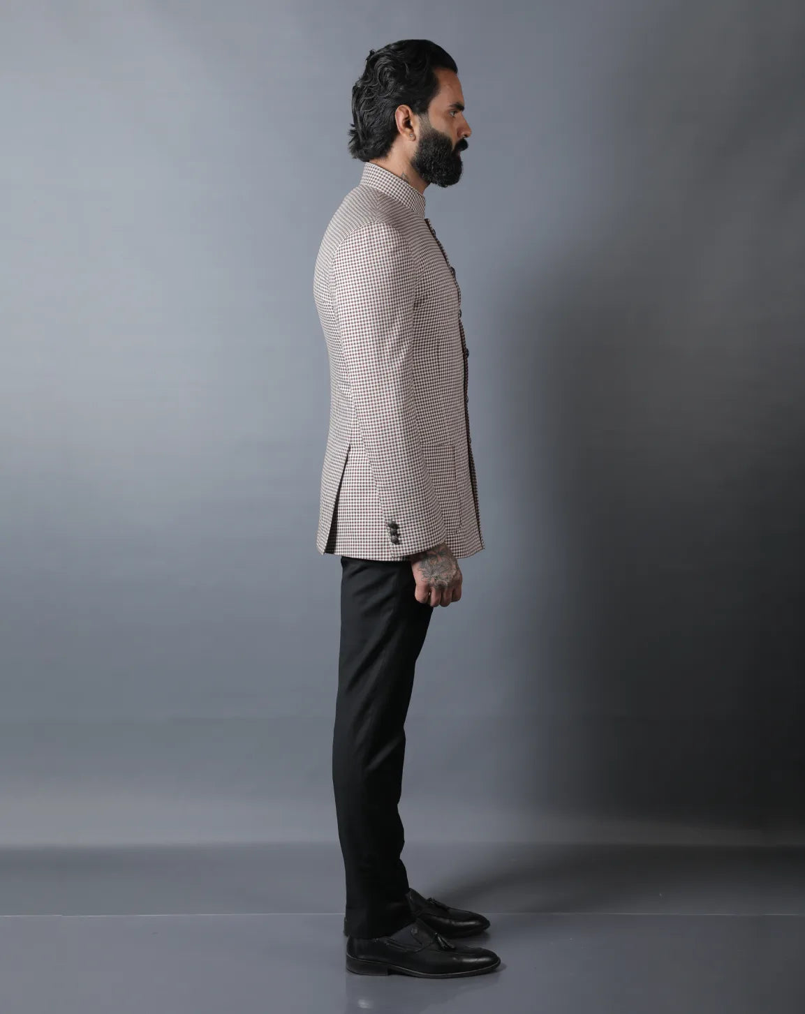 Beige Micro-Check Bandhgala Set