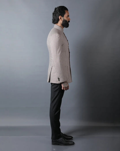 Beige Micro-Check Bandhgala Set