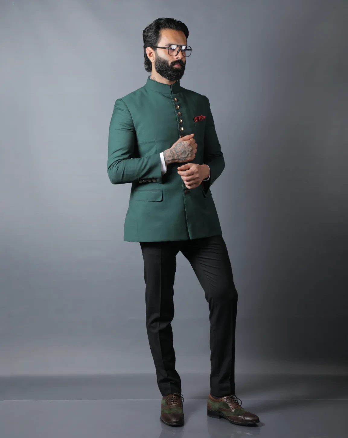 Emerald Green Terry Wool Bandhgala Set