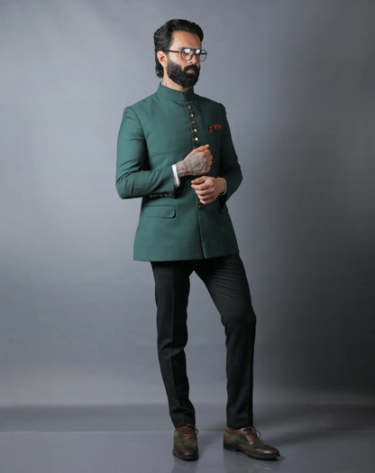 Emerald Green Terry Wool Bandhgala Set
