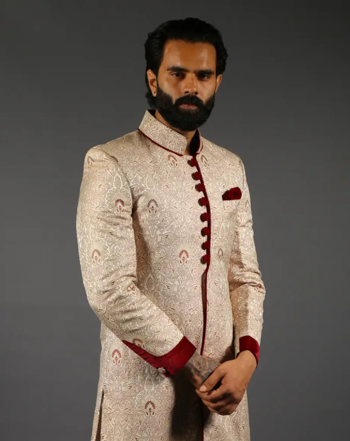 Cream & Maroon Brocade Sherwani Set