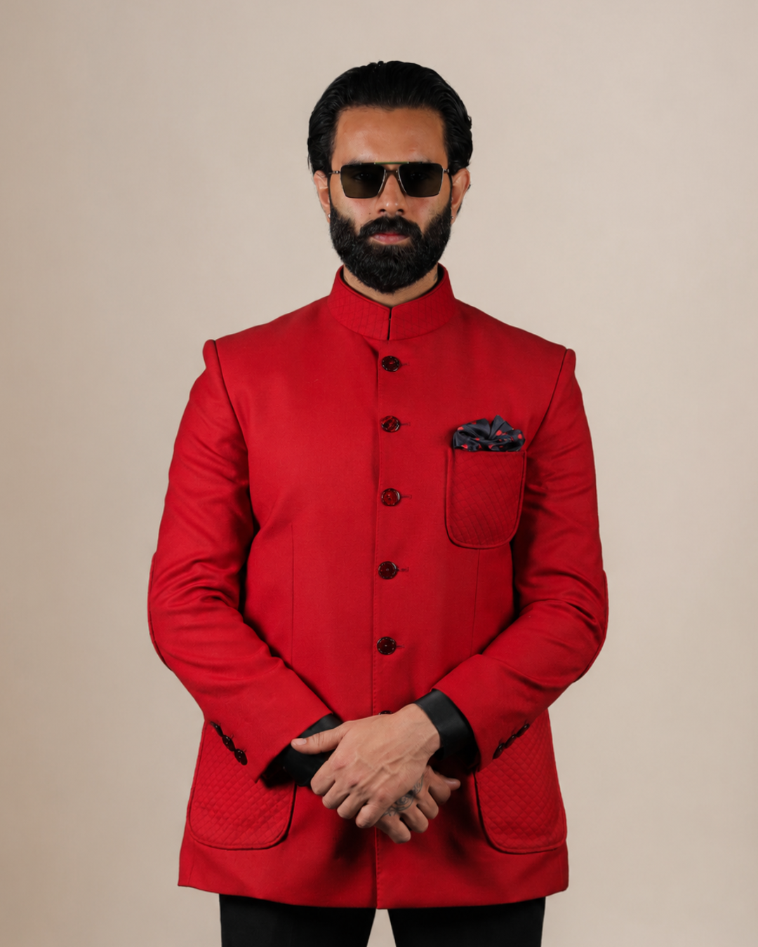 Red Bandhgala with Quilted Pockets
