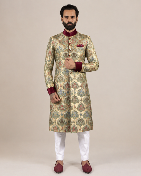 Regal Mint Green Banarasi Silk Floral Sherwani