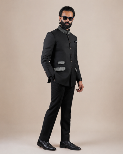 Black Bandhgala Suit Set with Fur