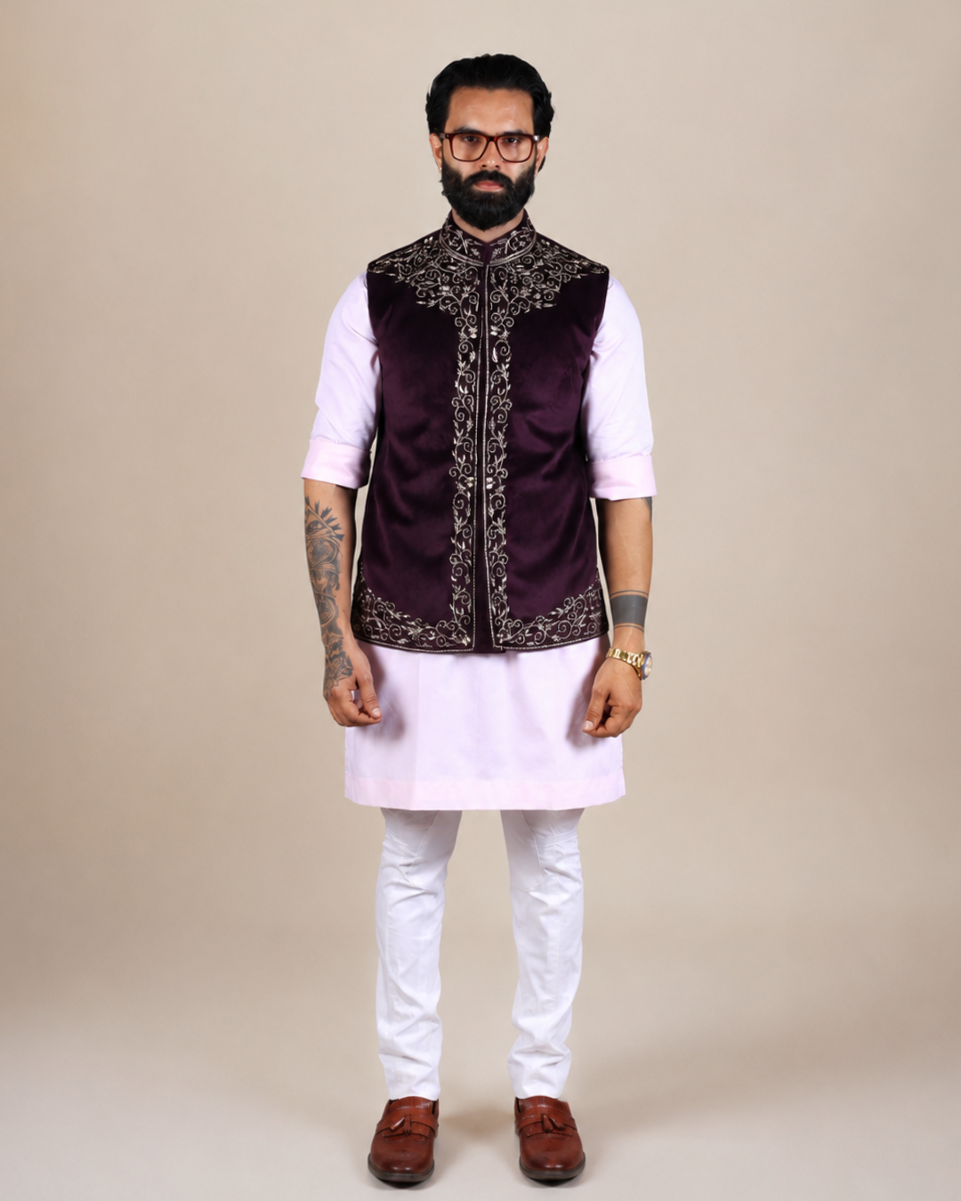 Wine Velvet Embroidered Nehru Jacket
