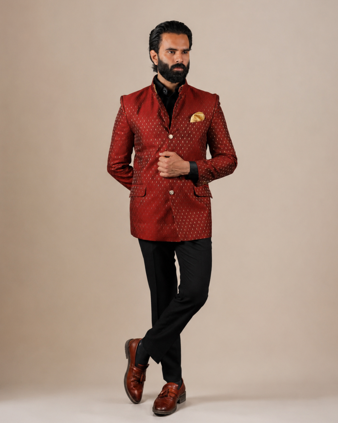Rustic Red Brocade Bandhgala Set