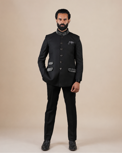 Black Bandhgala Suit Set with Fur