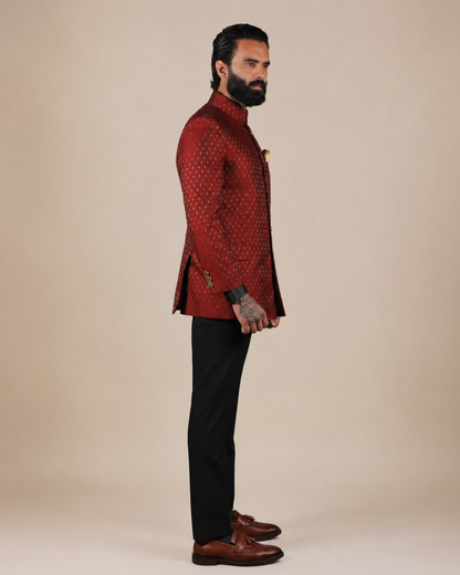 Rustic Red Brocade Bandhgala Set